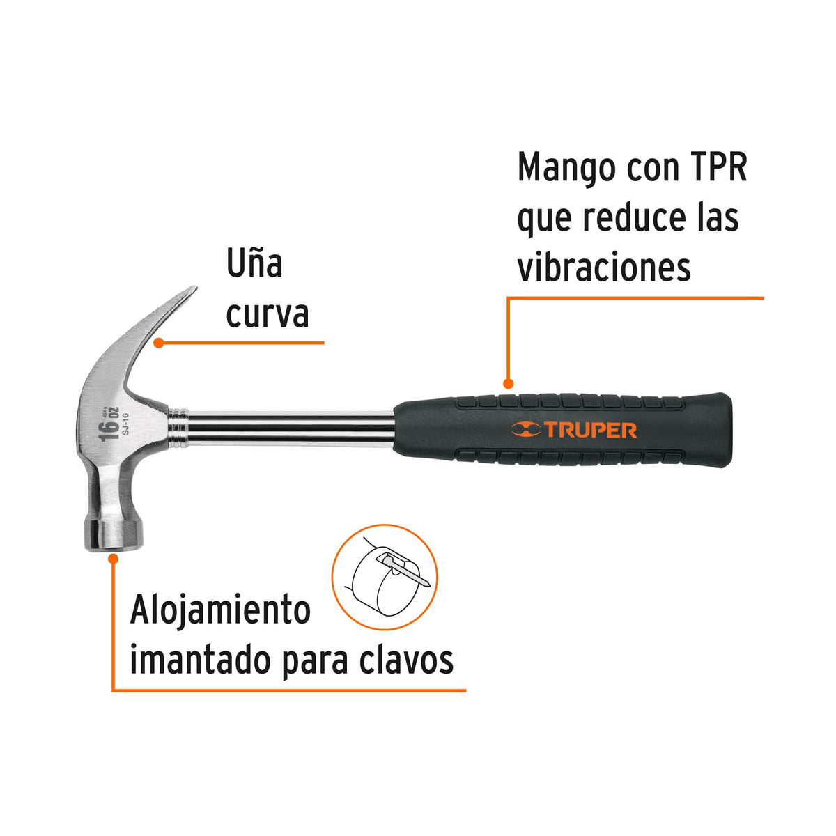 MARTILLO PULIDO 16 OZ UÑA CURVA MANGO TUBULAR C/NEOPRENO 16700 SJ-16