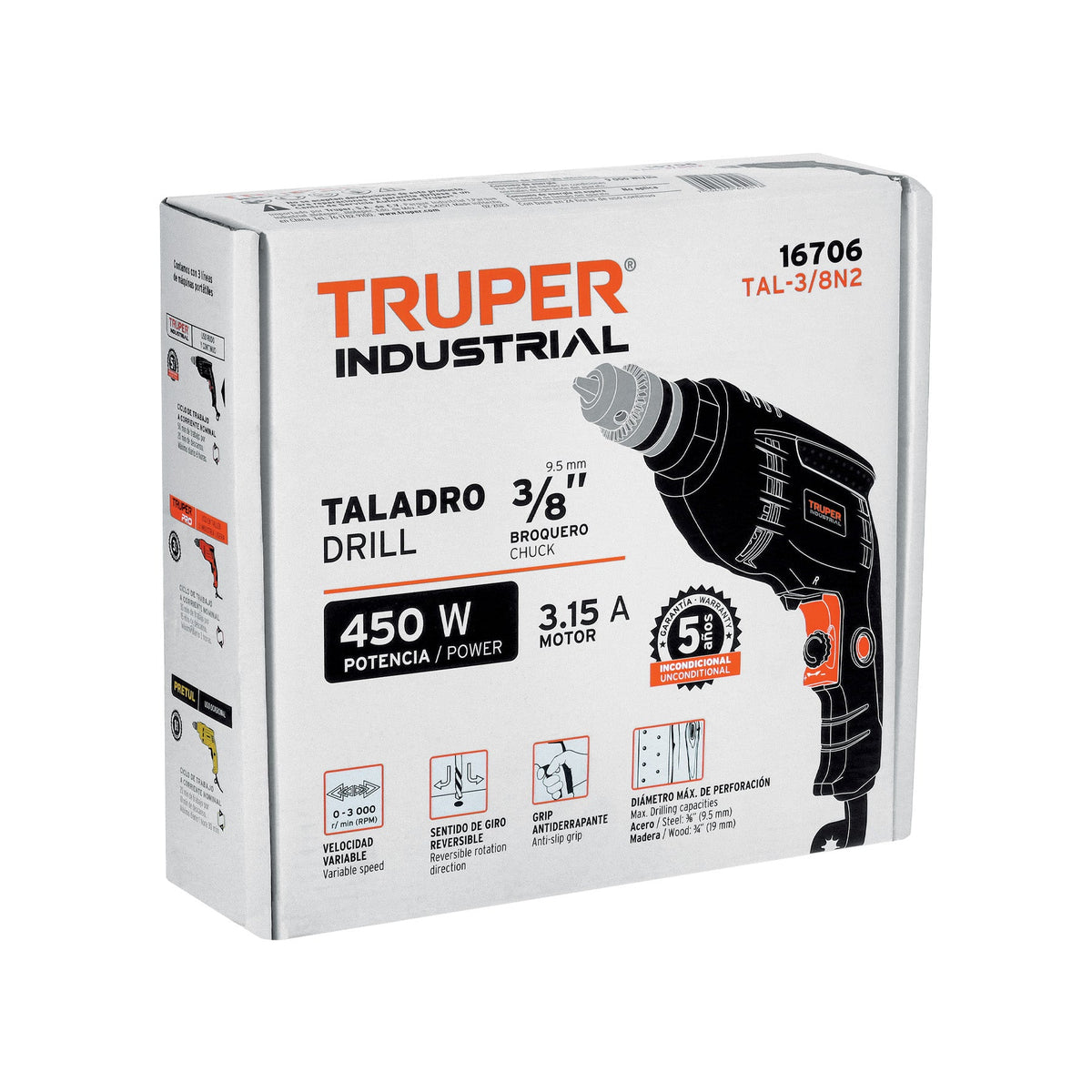 TALADRO/DESTORNILLADOR 3/8' 450W TRUPER INDUSTRIAL 16706 TAL-3/8N2