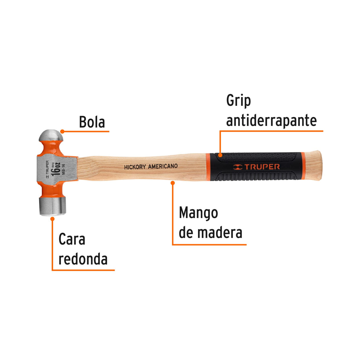 MARTILLO PULIDO DE BOLA 16 OZ MANGO HICKORY TRUPER GRIP 16902 MB-16