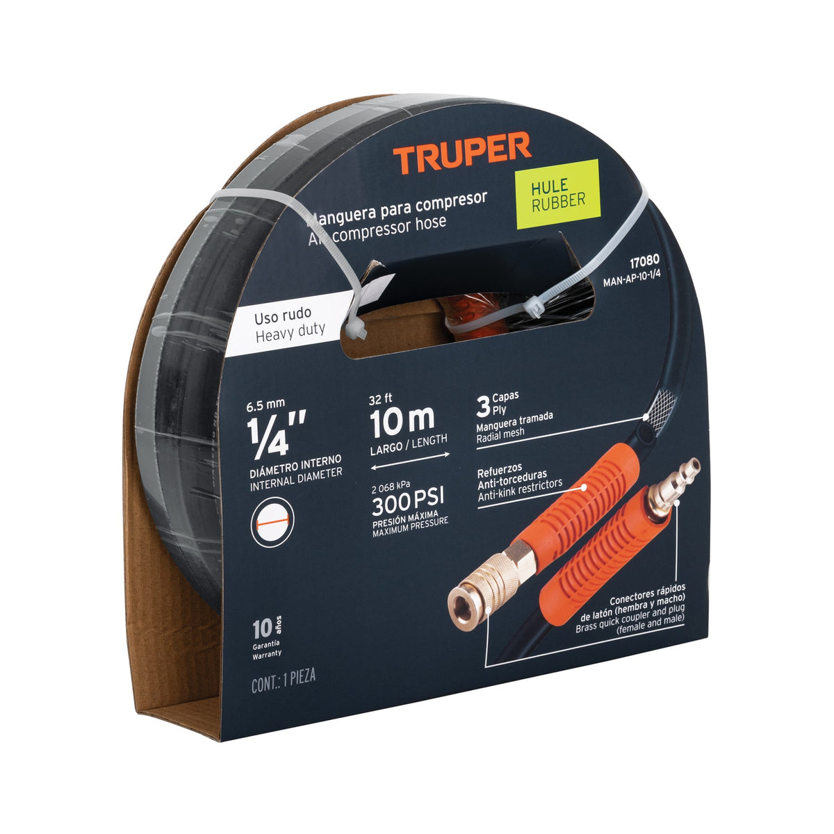 MANGUERA PARA COMPRESOR DE HULE 10M X 1/4' TRUPER 17080 MAN-AP-10-1/4