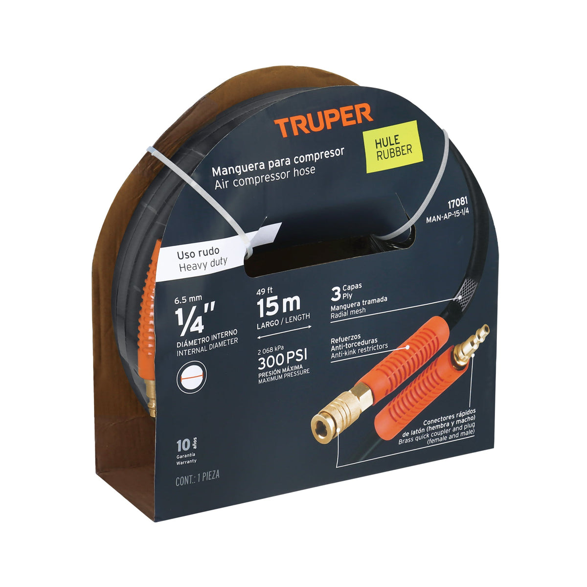 MANGUERA PARA COMPRESOR DE HULE 15M X 1/4' TRUPER 17081 MAN-AP-15-1/4