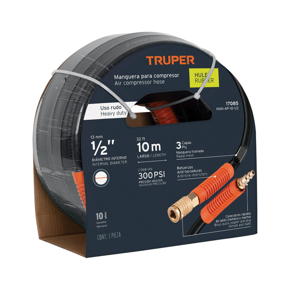MANGUERA PARA COMPRESOR DE HULE 10M X 1/2' TRUPER 17085 MAN-AP-10-1/2