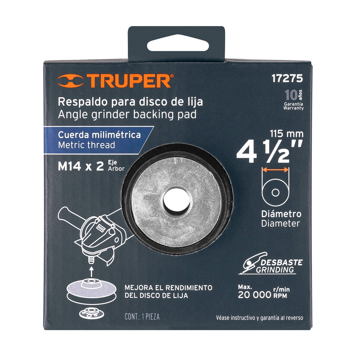 RESPALDO PARA DISCOS DE LIJA 4-1/2' EJE M14 TRUPER 17275 RES-DILI-4-1/2M