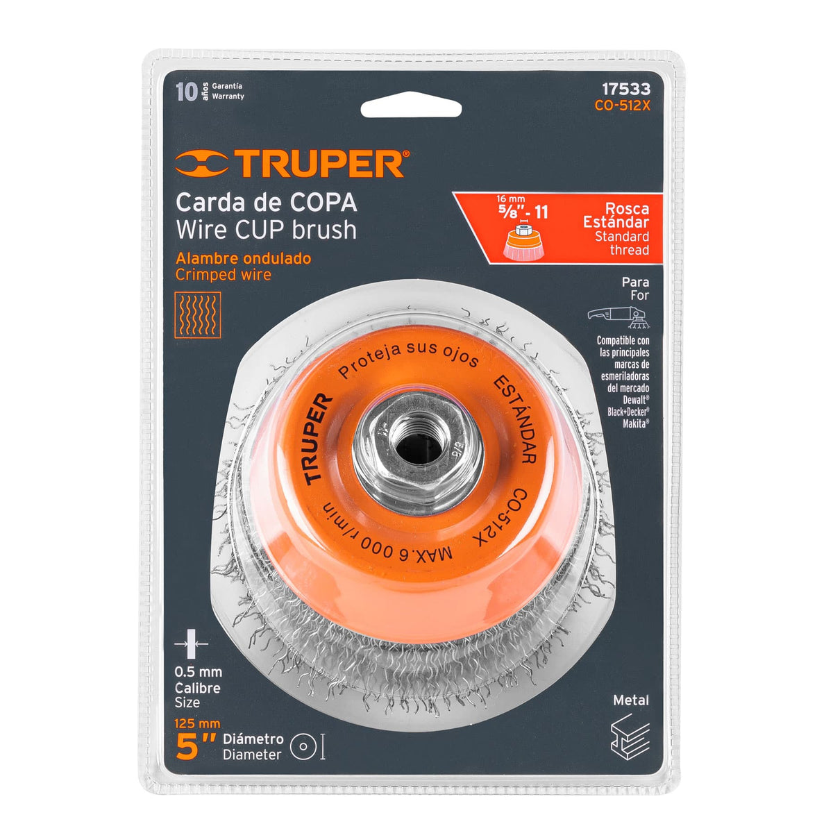 CARDA COPA 5' ALAMBRE ONDULADO GRUESO EJE 5/8'-11 TRUPER 17533 CO-512X