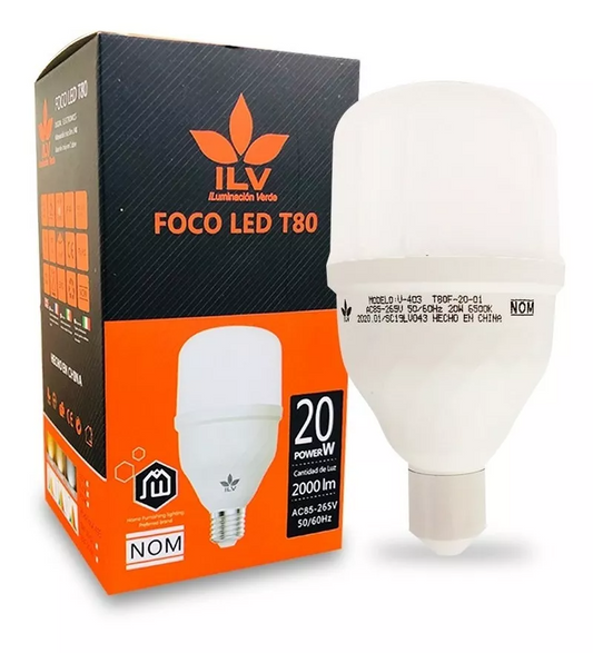 Foco LED T80 Tipo Industrial Blanco Frío 20W 85-265V 2000LM 65K E26/E27 T80-20-01