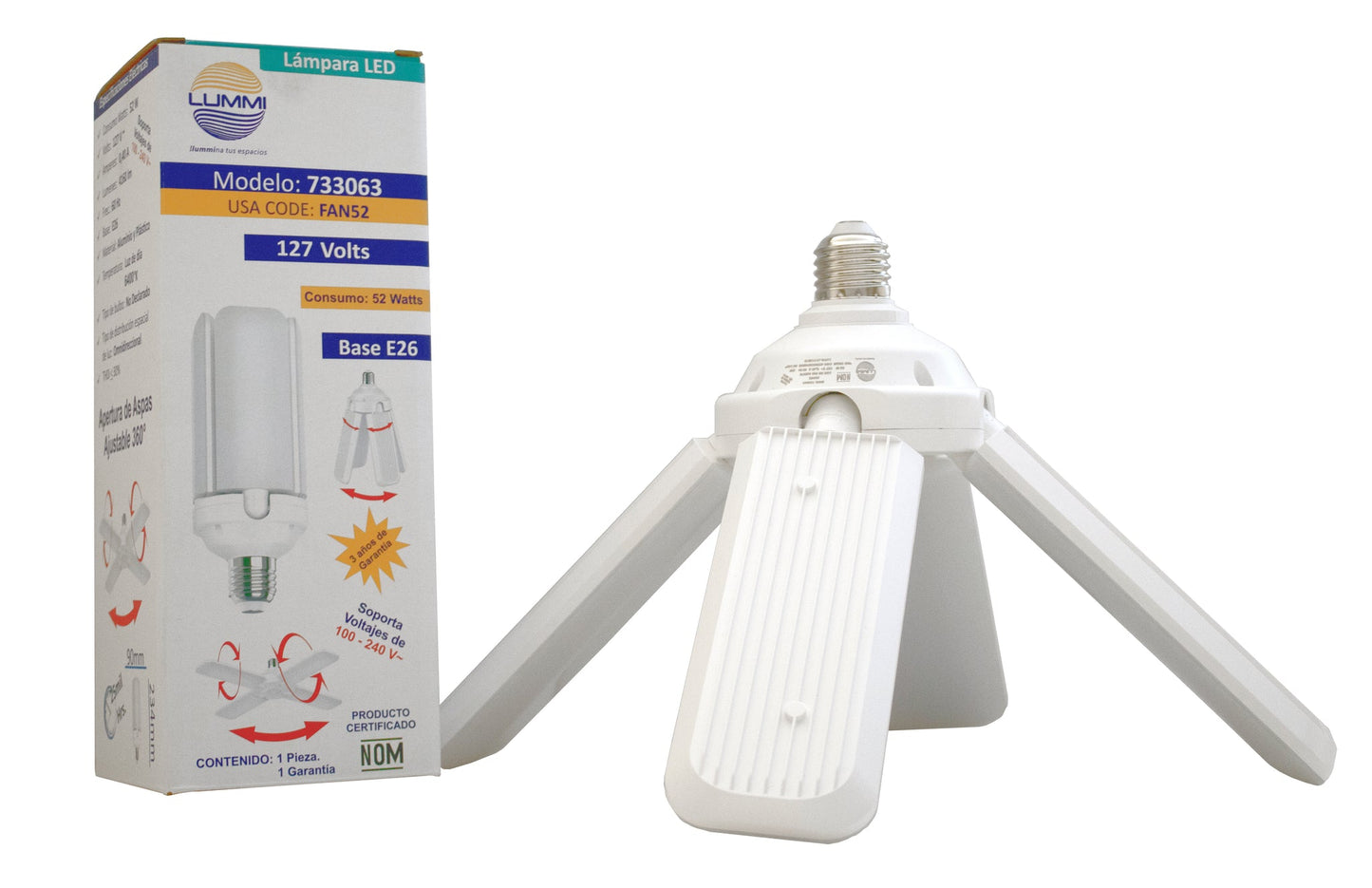 Lámpara Tubular Aspas Desplegables Luz Fría 52W 110-240V 4160LM 64K E26 FAN52